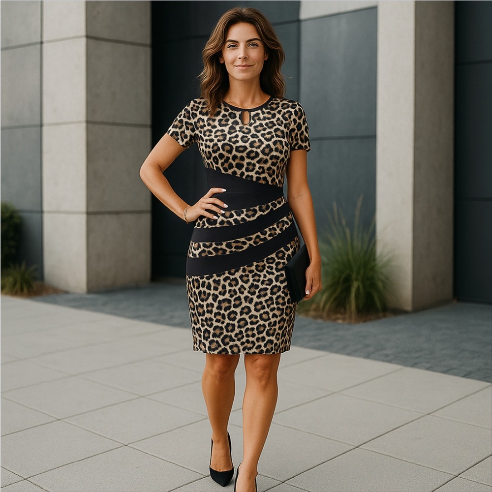 SHEIN Clasi Leopard Bodycon Dress XL Short Sleeve Keyhole Chic NWT